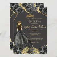 Elegant Black Gold Floral Princess SWEET 16  Invitation