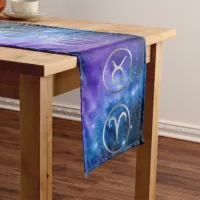 Twelve Grey Zodiac Symbols on blue galaxy | Long Table Runner