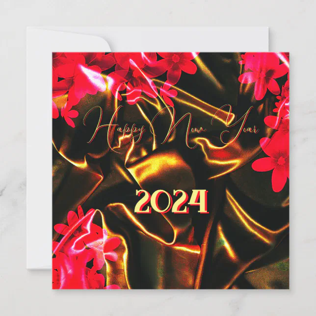 New Year 2024 - flowers on black and gold silk  Invitation