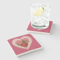 Magenta Vintage Rose Heart Valentine Stone Coaster