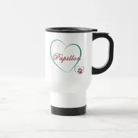 Papillon Love Paw Print Teal Heart Minimal Script  Travel Mug