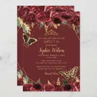 Burgundy Gold Floral Butterfly Sweet 16 Invitation