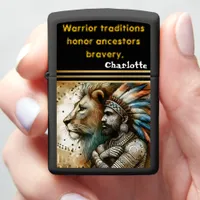 Warrior stands proud with a lion zippo lighter