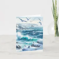 Serene Winter Watercolor Coastal Seascape Blank Note Card