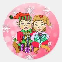 Hand drawn Elf girl and boy holding Gifts Classic Round Sticker