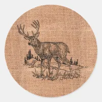 Rustic Burlap And Deer Illustration Classic Round Sticker