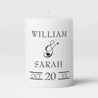 Elegant Bride and Groom Black and White Script Pillar Candle