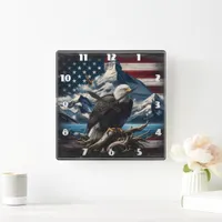 Majestic Eagle Over Mountains and American Flag Square Wall Clock