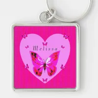 Red Purple Butterflies Fancy Script Custom Name  K Keychain