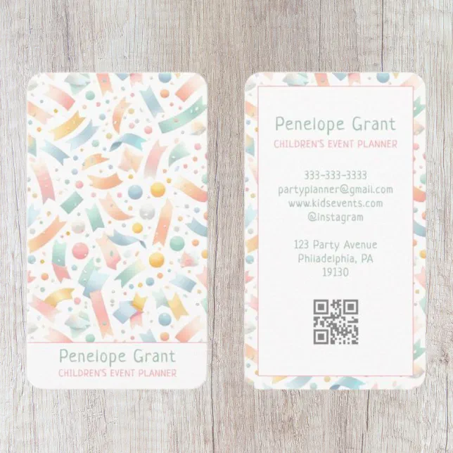 Pastel Cute Confetti Kids Party and Event Planner Business Card