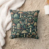 Vintage Colored Butterflies, Mushrooms and Foliage Throw Pillow