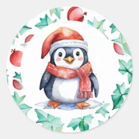 Cute Watercolor Christmas Penguin Holiday Classic Round Sticker