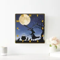 Witch brewing potions under a full moon at night square wall clock