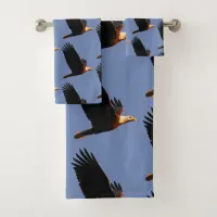 Breathtaking Bald Eagle in Winter Sunset Flight Bath Towel Set