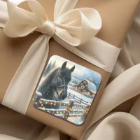 Beautiful Festive Black Horse on Farm Christmas Square Sticker