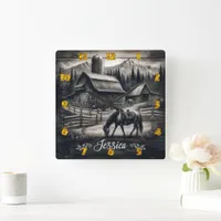 Rustic Barn and Horse in Mountain Landscape Square Wall Clock