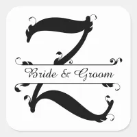 Black and White Split Letter Z Monogram Square Sticker