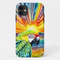 Cute AI Generated Watercolor Style Green Parrot iPhone 11 Case