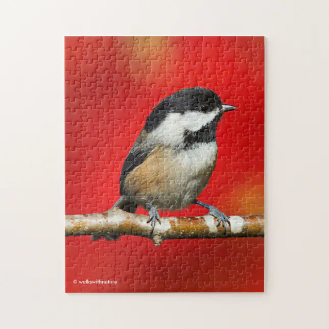 Cute Black-Capped Chickadee with Red Autumn Leaves Jigsaw Puzzle