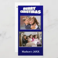 Two Photo Christmas Blue Add Message Back Family Holiday Card