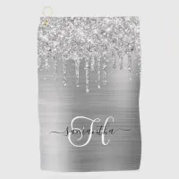 Monogrammed Grey and Silver Dripping Glitter Golf Towel