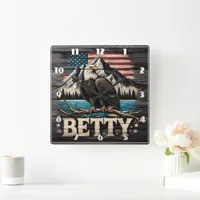 American Eagle Perched Near Mountains and Lake Square Wall Clock