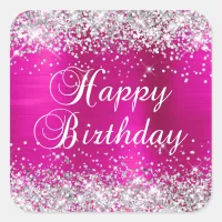 Silver Glitter Hot Pink Foil Happy Birthday Square Sticker