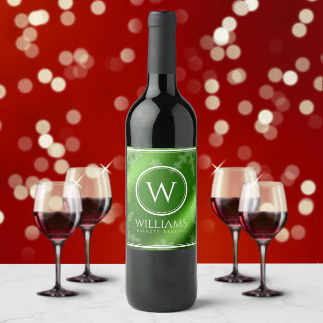 Festive Green Foil Snowflakes Monogram Name Wine Label