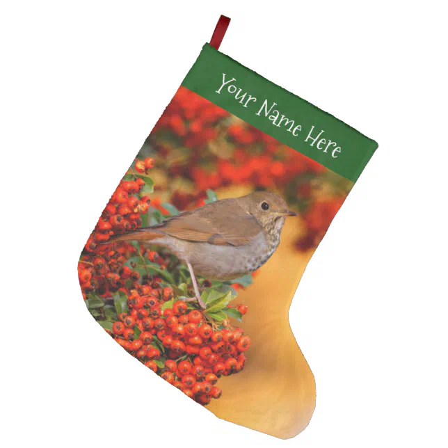 Hermit Thrush Songbird on the Scarlet Firethorn Large Christmas Stocking