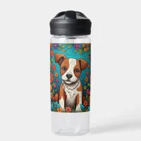 Cute Puppy with Whimsical Folk Art Flowers Water Bottle