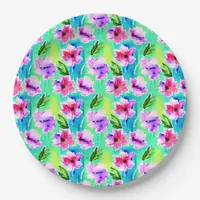 Pink, Purple, Green and Blue Watercolor Flowers Paper Plates