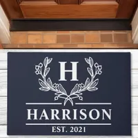 Personalized Navy Laurel Monogram Doormat