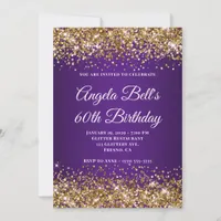 Gold Glitter Royal Purple Monogram 60th Birthday Invitation