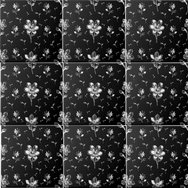 Floral Black And White Flower Pattern Bathroom Ceramic Tile