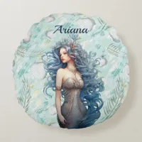 Beautiful Blue-Haired Mermaid  Round Pillow