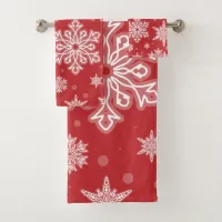 Christmas Festive White Winter Snowflakes On A Red Bath Towel Set