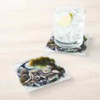 Moonlit Serenity A Slumbering Wolf Glass Coaster