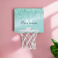 Monogram Aqua Blue Metallic Dripping Glitter Mini Basketball Hoop