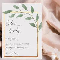 Leaf and Bronze Border, Minimalist Wedding Invitation