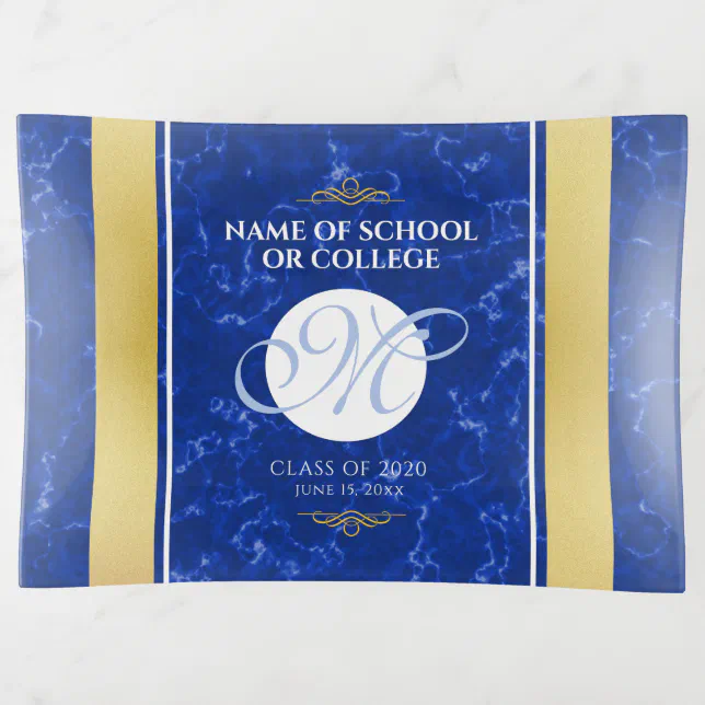 Elegant Graduation Monogram Blue Marble Gold Foil Trinket Tray