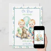 Pale Blue and Green Twin Boys Baby Shower Invitation