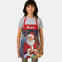 Santa Delivering Presents Red Girls Name Apron