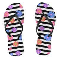 Trendy Floral Black & White Stripes Patterned Flip Flops