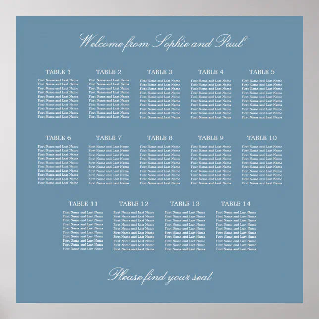 Dusty Blue 14 Table Wedding Seating Chart Poster