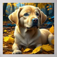Puppy Dog Playing in Fall Leaves   Poster
