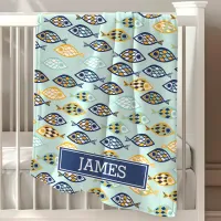 Adorable Navy Blue Nautical Ocean Fish Monogrammed Swaddle Blanket