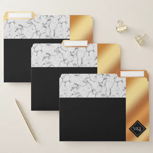 Elegant Marble & Copper Foil Monogram Wedding File Folder