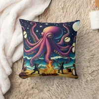 Octopus Drums at Beach Campfire Throw Pillow