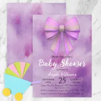 Adorable Pastel Pink Lilac Bow Girl Baby Shower Invitation