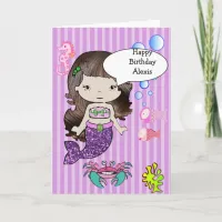 Brunette Purple Mermaid Happy Birthday Card